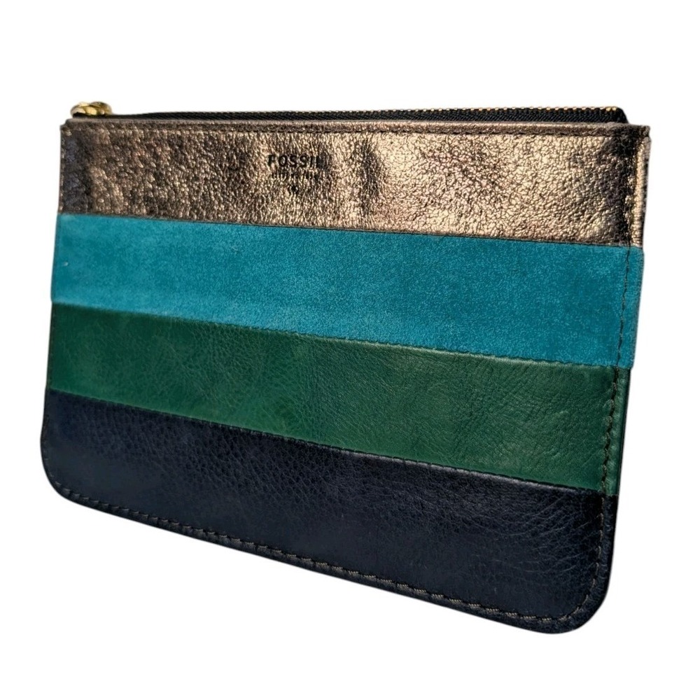 Fossil Striped Mixed Leather Zip Pouch Clutch Navy Teal Green Metallic